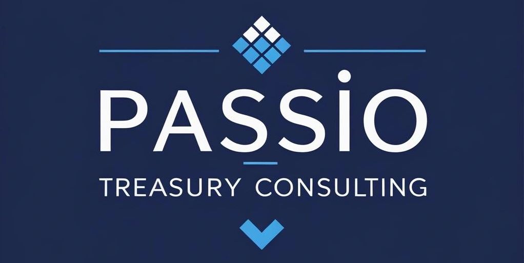 Logo for Passio Treasury Consulting with a blue and white diamond design.