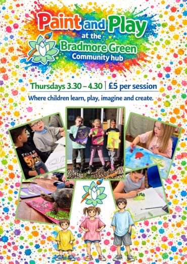 Colorful flyer for Paint and Play at Bradmore Green Community Hub.