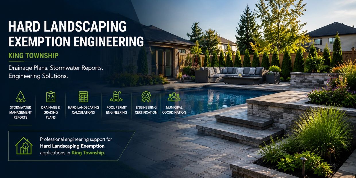 Modern backyard with a pool and patio, promoting hard landscaping exemption engineering in King Township.