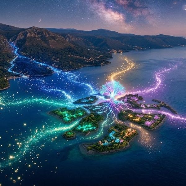 Glowing magical tree on an island with colorful light streams.