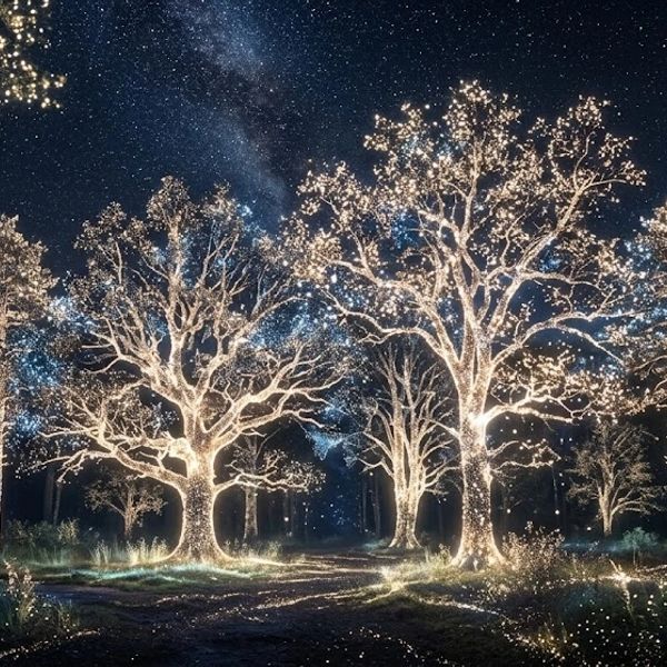 Illuminated trees glowing against a starry night sky.