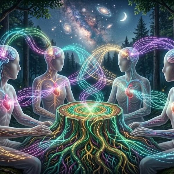 Four figures connected by glowing streams around a tree stump under a starry sky.