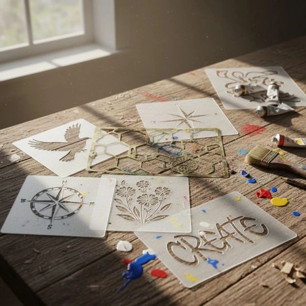 Art stencils and paintbrush on wooden table near window.
