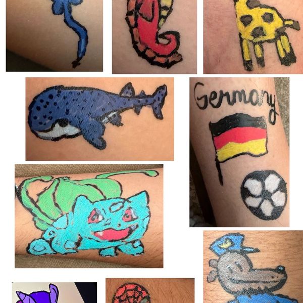Collage of colorful, hand-drawn tattoos on skin.