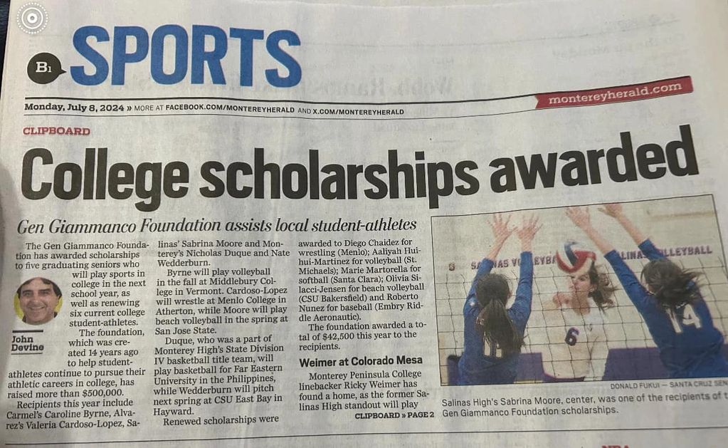Photo of Sports page cover from July 8, 2024 from Monterey Herald with title College Scholarships aw