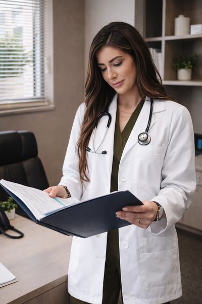 Female doctor reviewing medical records in her office.
