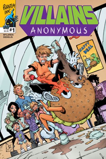 Comic book cover of Villains Anonymous with a fight scene.