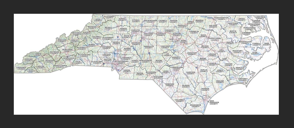 Map showing counties and major roads in North Carolina.