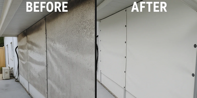 Before and after cleaning of an outdoor wall panel.