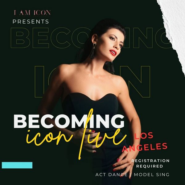 Woman in a black dress promoting Becoming Icon Live event in Los Angeles.