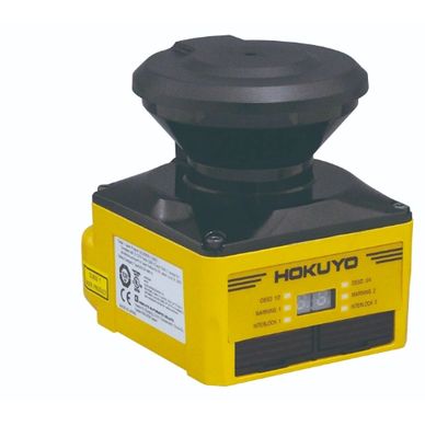 Yellow Hokuyo laser scanner sensor for distance measurement and obstacle detection.