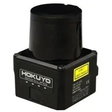Compact Hokuyo laser sensor with black cylindrical top and square base.
