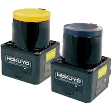 Two Hokuyo laser rangefinder sensors with different colored tops.