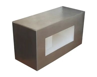 Rectangular metallic box with a rectangular cutout on one side.