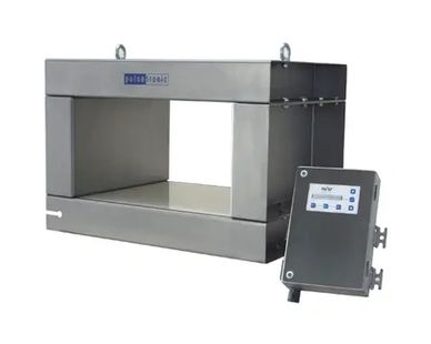 Stainless steel industrial metal detector with control unit.
