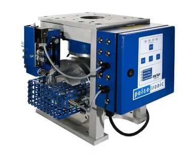 Blue and silver industrial pulse logic machine with control panel.