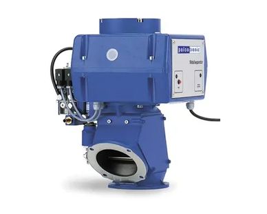 Blue industrial control valve with actuator and wiring.