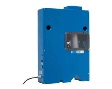 Blue electrical device with a display window and power cord.