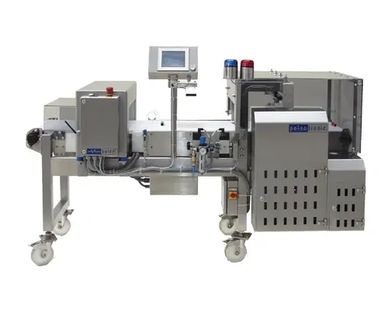 Industrial metal machine with control panel and wheels.