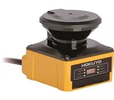 Compact Hokuyo sensor device with a yellow base and black top.