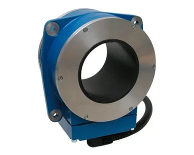 Blue industrial sensor with circular opening and cable attachment.