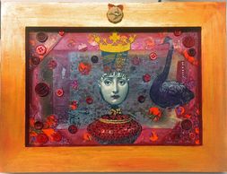 Surreal painting of a crowned face with an ostrich on an orange frame.