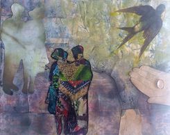 Abstract artwork with figures and a bird.