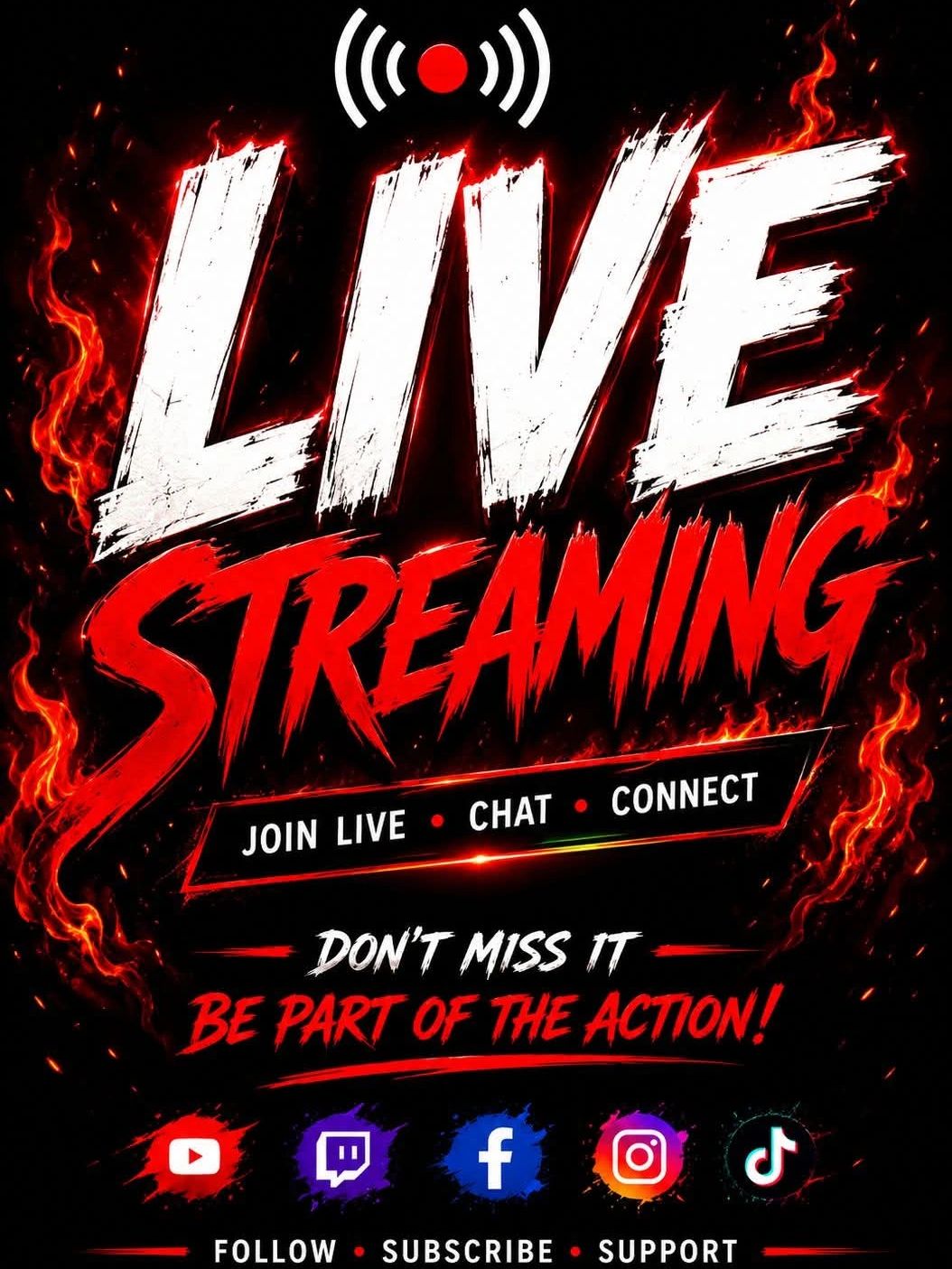 Promotional graphic for live streaming with social media icons.