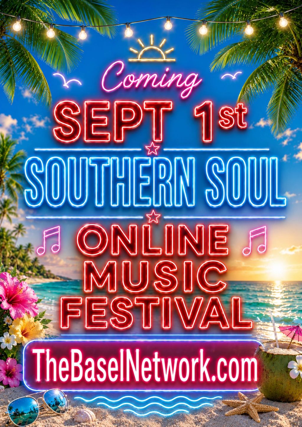Neon sign announcing Southern Soul Online Music Festival on Sept 1st.