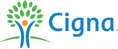 Cigna logo with a tree and person symbol in blue, green, and orange.