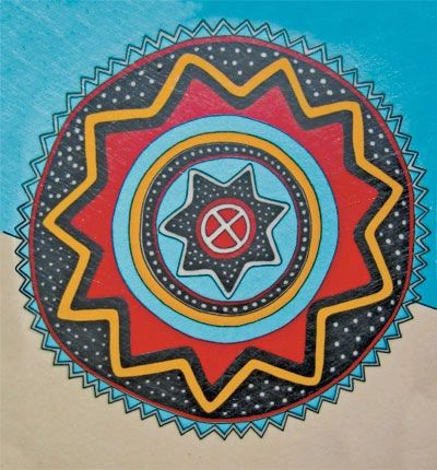 Chumash Sun Symbol in primary colors depicting the sun, sky, stars and earth.