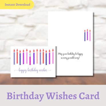 Printable Birthday Card template featuring  Colorful Candles and Script fonts. 