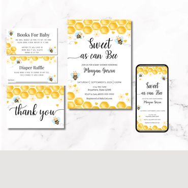 Sweet As Can Bee Themed Baby Shower Bundle; invitation, games and thank you card templates.