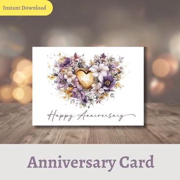 Purple and Gold Anniversary Card template featuring elegant Script, elegant purple hues with gold ac