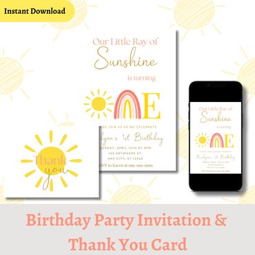 Ray of Sunshine 1st Birthday Invitation template featuring adorable Sunshine Themed. 