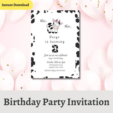 Moo Moo Who's Two Birthday Party Invitation with adorable Cow and Cow Print background