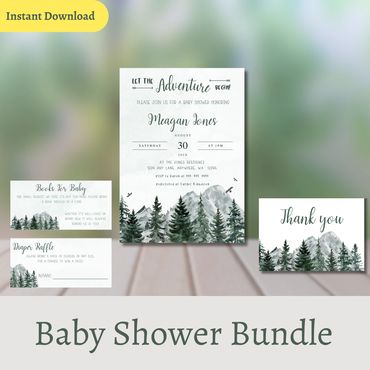 Let The Adventure Begin Baby Shower Bundle, Outdoor/Forest Theme featuring custom invitations.