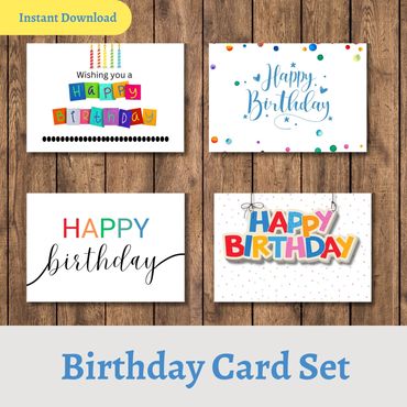 Set of 4 Birthday Cards featuring Primary Colors and fun Designs