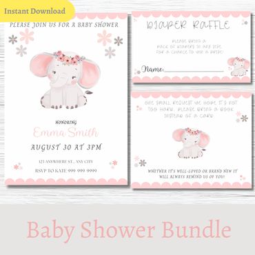 Pink Elephant Baby Shower Bundle: Invitation, Diaper Raffle Ticket and Book Request Card Templates