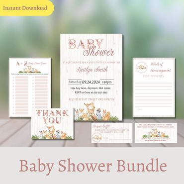 Woodland Wildlife Animals Baby Shower Bundle: Invitation, Games, Thank You Card