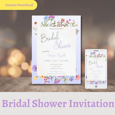 Unique Bridal Shower Invitation Template featuring wildflowers on a lavender background.