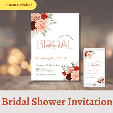 Bridal Shower Invitation template featuring an Orange and Blush Floral Design. Print or Digital. 