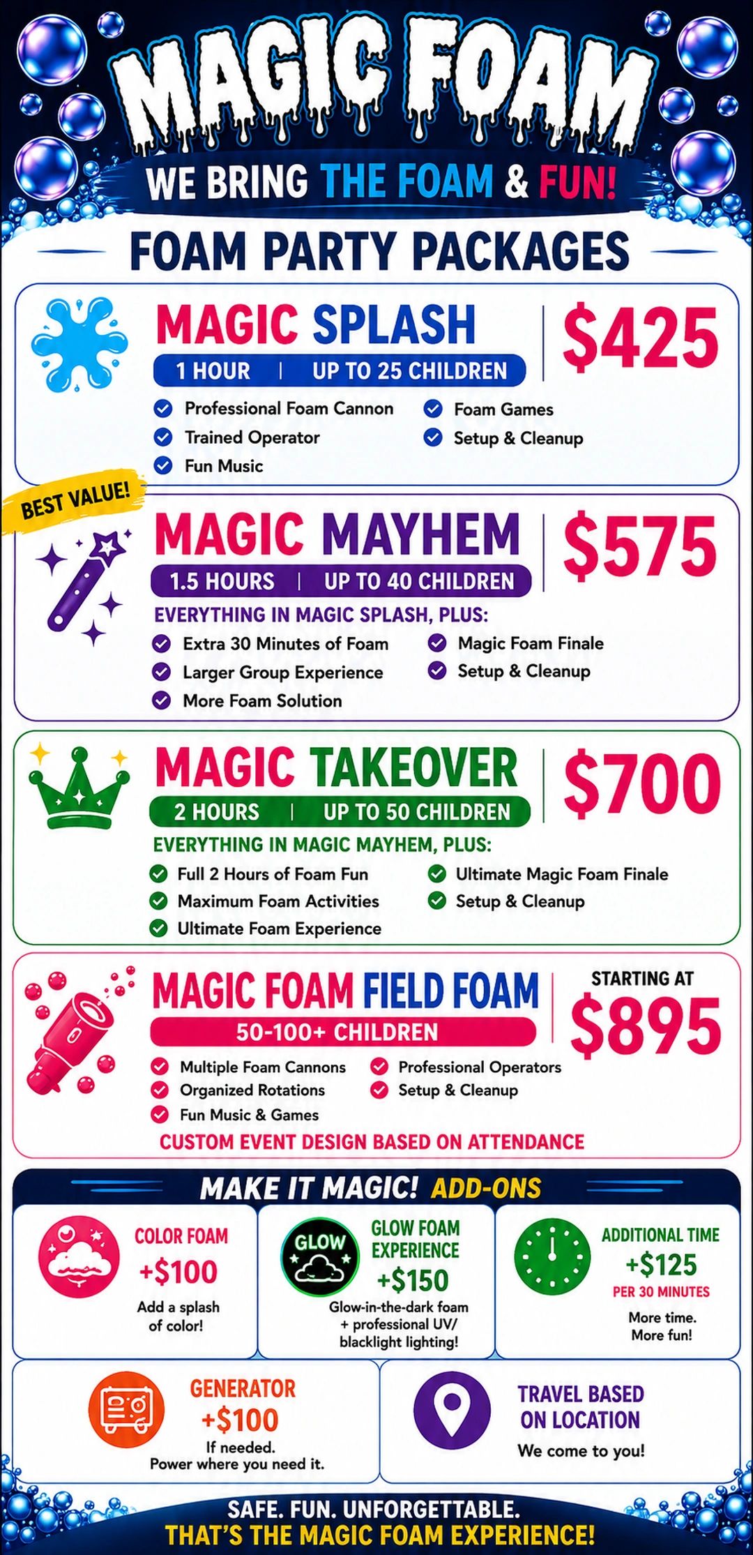 Magic Foam party packages for kids with prices and add-ons.