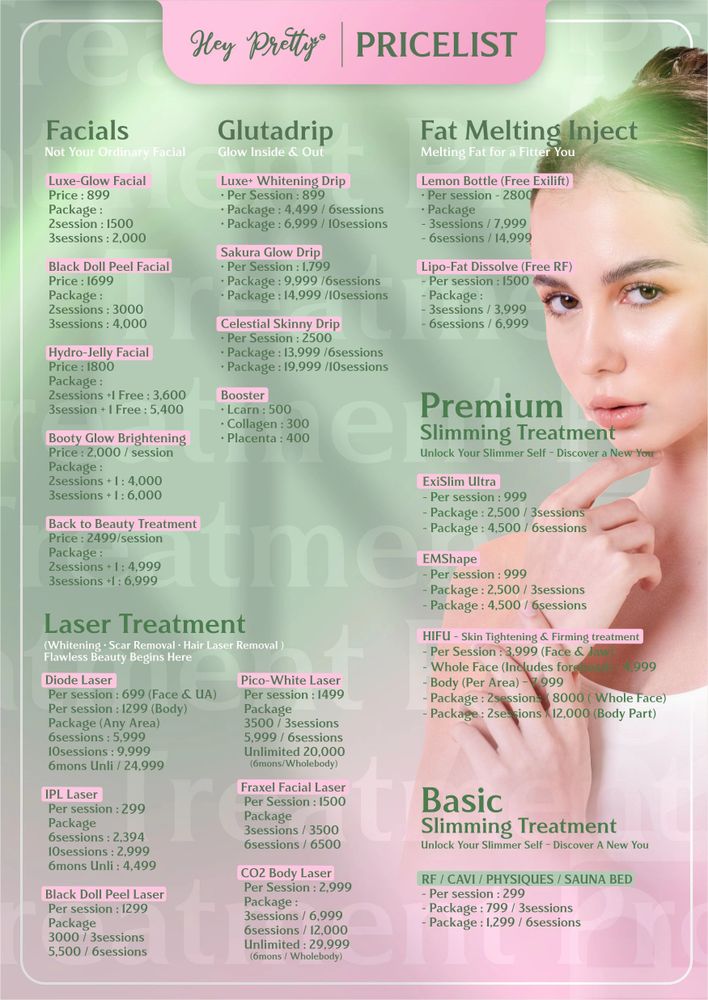 Hey Pretty pricelist offering facials, glutadrip, fat melting injections, laser treatments, and slimming treatments.