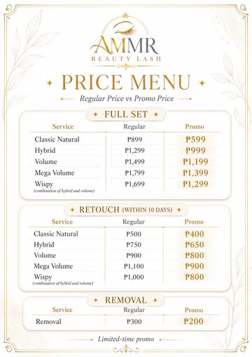AMMR Beauty Lash price menu showing regular and promo prices for full sets, retouches, and removal.