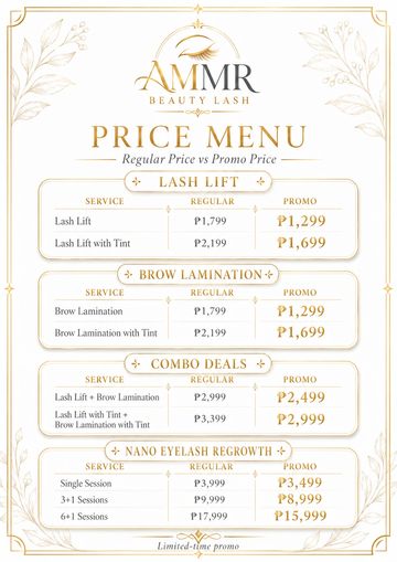 AMMR Beauty Lash price menu for lash lifts, brow lamination, combos, and eyelash regrowth with promo discounts.