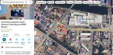 This shows a Google Maps listing for Hey Pretty Aesthetic Center Premium Subic Bay by AMMR Beauty