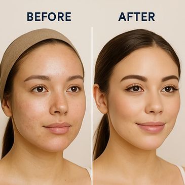 The side-by-side image shows a “Before” and “After” comparison of a young woman’s face.