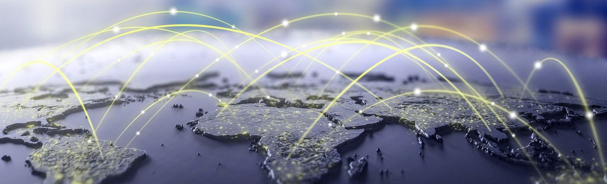 3D world map with glowing network connections symbolizing global communication.