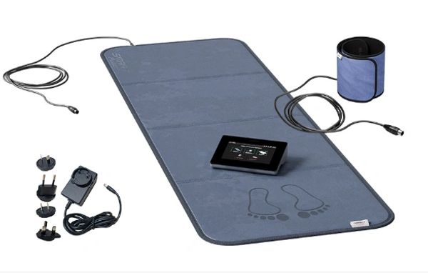 Portable device with mat, cuff, and charger accessories.